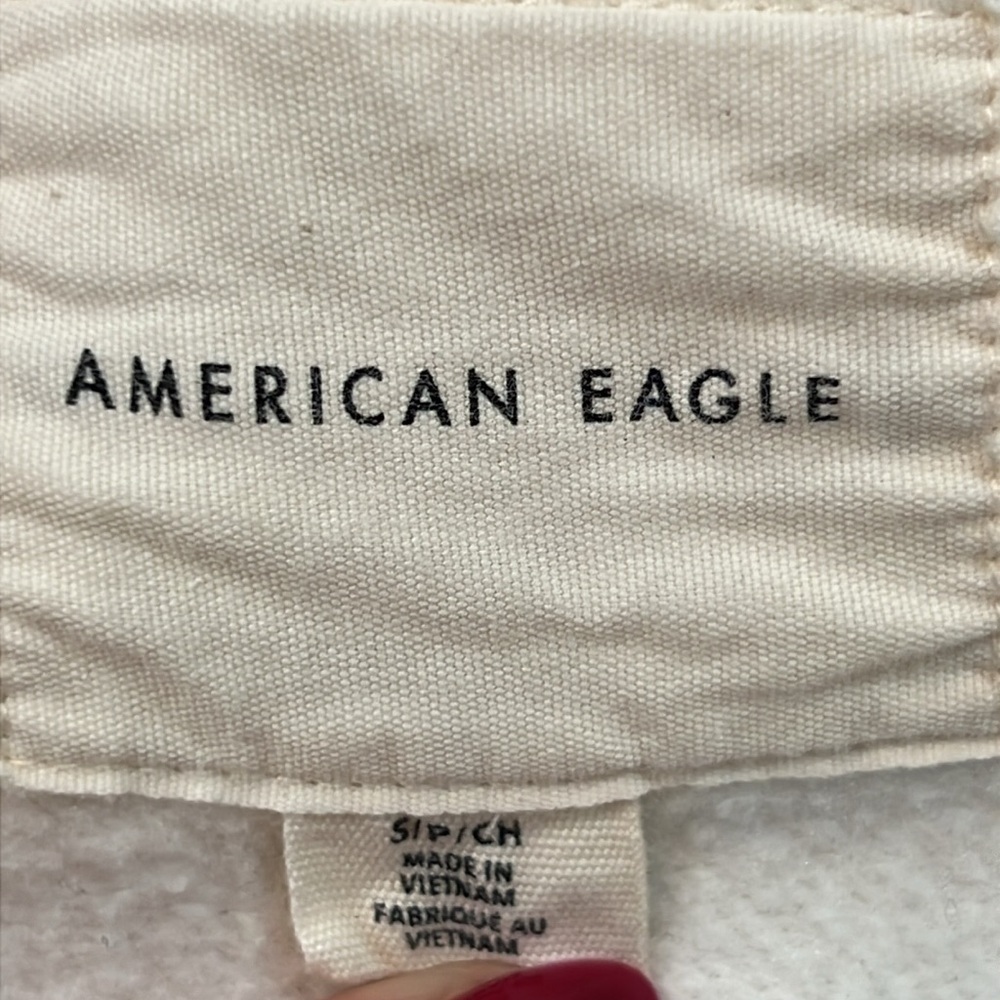 American Eagle Cream Cropped Hooded Jacket S Full Zip Preppy Minimalist Capsule - Picture 8 of 10